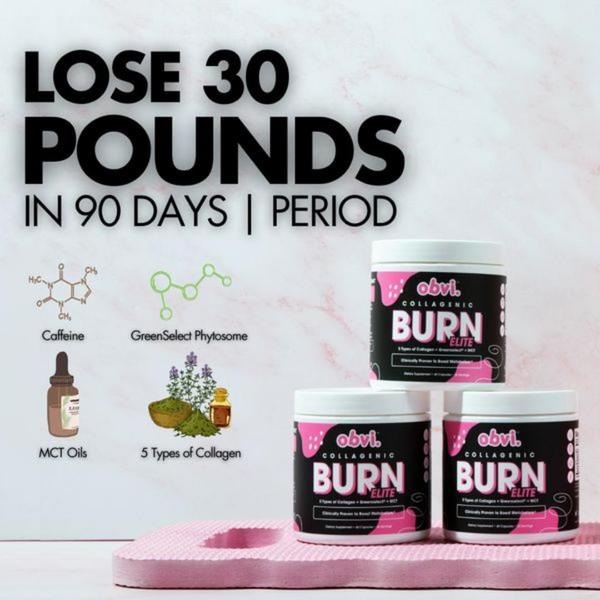 A square format creative that pairs a massive, bold weight loss promise with a clean breakdown of product ingredients and physical supplement packaging.